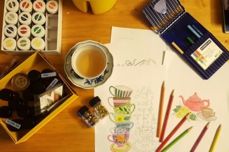 adult coloring for stress relief - black and white ceramic mug on brown wooden table