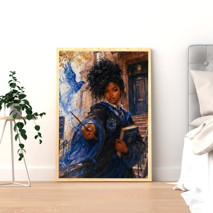 Urban fantasy academy wall art showing a Black student with blue magic, a bird spirit, and an Avalon History book on NYC brownstone steps.