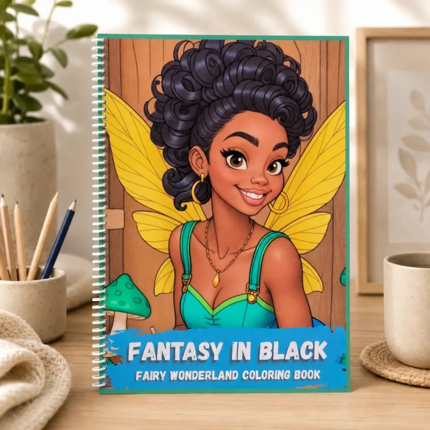 Fairy coloring book for adults shown as a spiral-bound physical book with Black fairy cover art, yellow wings, teal dress, and Fantasy In Black title.