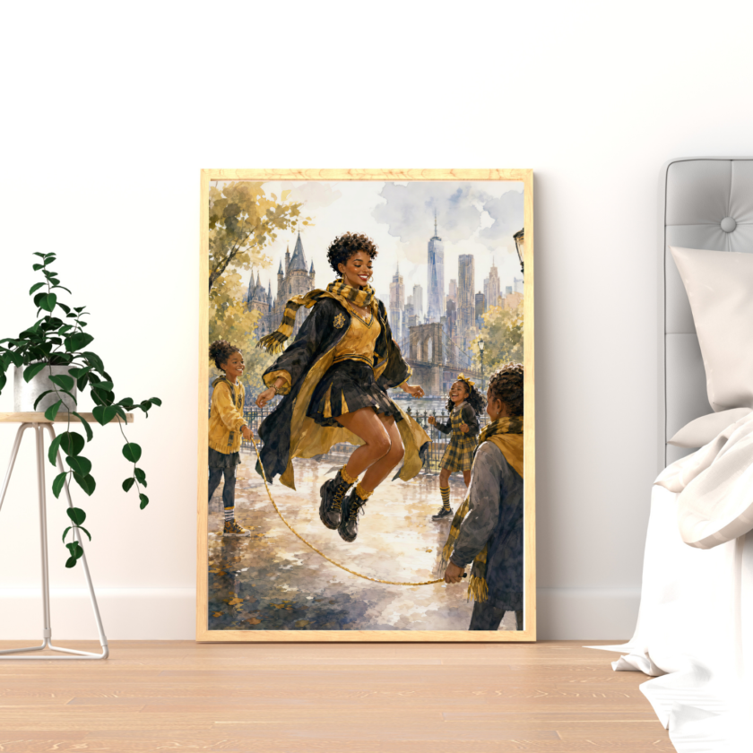 Printable Black woman wall art showing a joyful scholar in a yellow academy uniform with kids, city buildings, bridge details, and watercolor NYC charm.