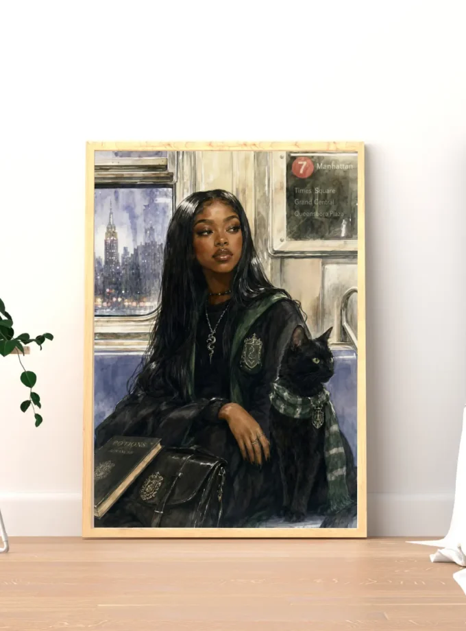 Watercolor Black woman fantasy wall art showing a scholar in green and black academy clothing beside a black cat inside an NYC subway car with the Manhattan skyline outside.