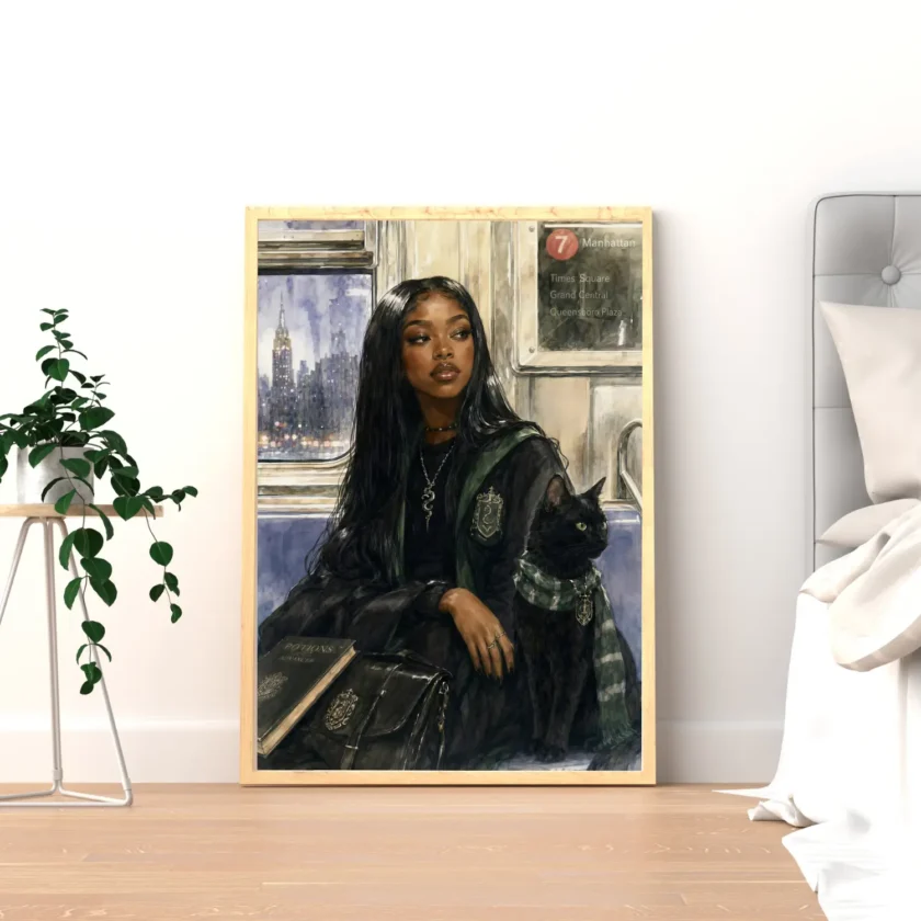 Watercolor Black woman fantasy wall art showing a scholar in green and black academy clothing beside a black cat inside an NYC subway car with the Manhattan skyline outside.