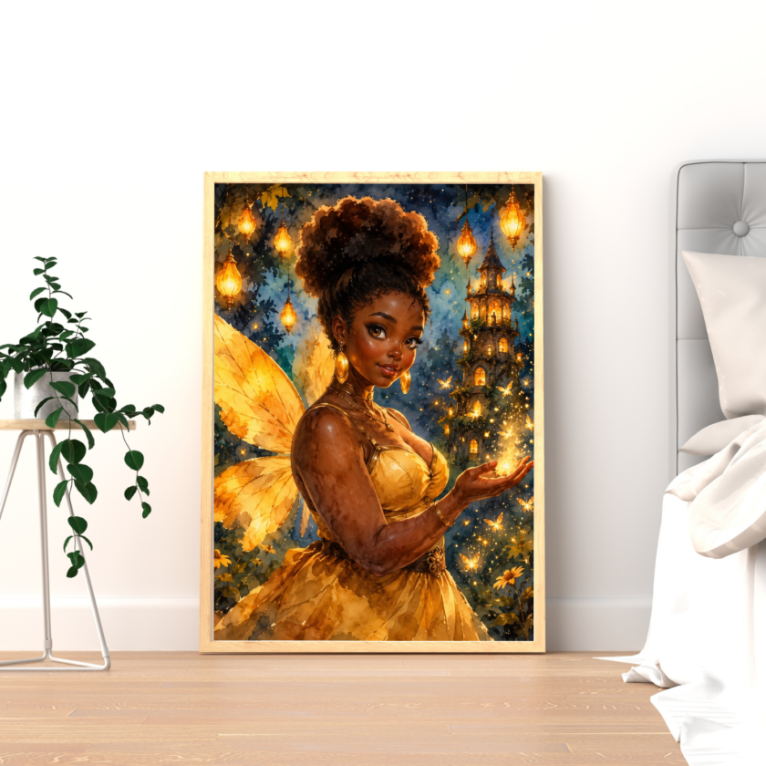 Black fairy wall art printable featuring a Black woman with golden wings, a gold dress, glowing lanterns, butterflies, and a moonlit blue fantasy garden.