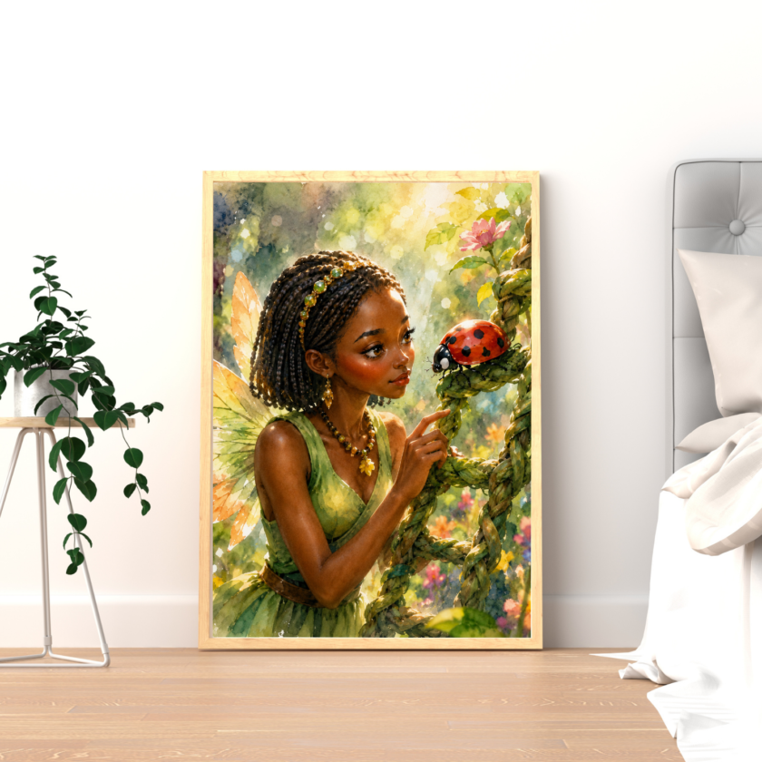 Watercolor fairy wall art showing a brown-skinned garden fairy with jeweled braids, green dress, glowing wings, flowers, leafy vines, and a red ladybug.