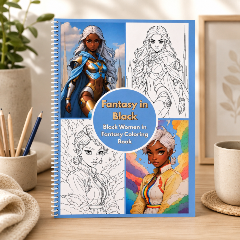 Cover of the physical spiral-bound Black Women Fantasy Coloring Book with a blue border, white spiral binding, and four fantasy character panels in color and line art.