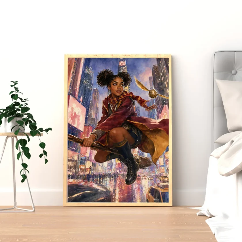 Black woman fantasy art printable showing a scholar flying on a broom through a glowing NYC inspired city with red and gold academy style.