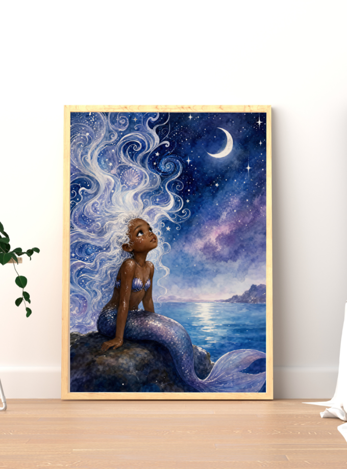 Watercolor Black mermaid wall art showing a young mermaid with flowing white hair, a blue violet tail, a crescent moon, stars, dark rocks, and a calm ocean.