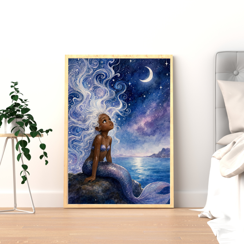Watercolor Black mermaid wall art showing a young mermaid with flowing white hair, a blue violet tail, a crescent moon, stars, dark rocks, and a calm ocean.