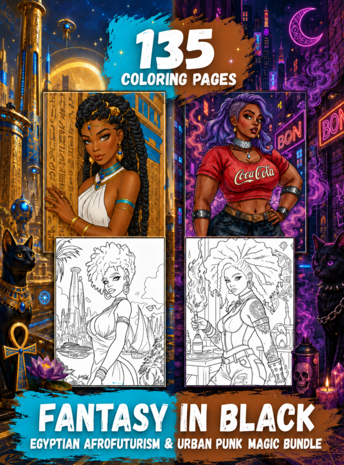 Digital coloring bundle cover showing colored portraits of a Black Futurism Egyptian and Black Urban Punk Magic woman beside two printable line-art pages, with text stating 135 coloring pages.
