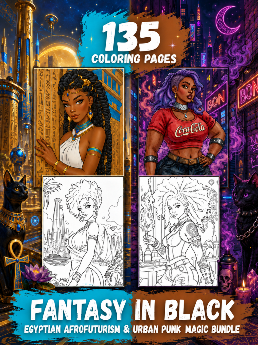 Digital coloring bundle cover showing colored portraits of a Black Futurism Egyptian and Black Urban Punk Magic woman beside two printable line-art pages, with text stating 135 coloring pages.