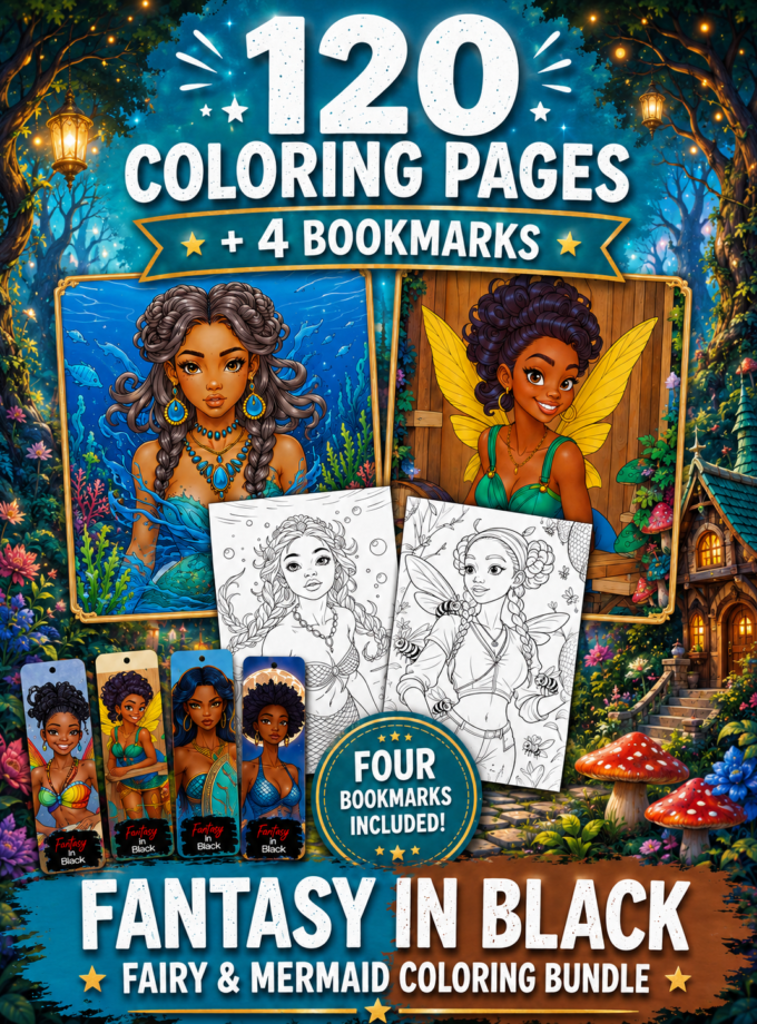 Digital coloring bundle cover showing colored portraits of a Black mermaid and Black fairy beside two printable line-art pages, with text stating 120 coloring pages and four bookmarks.